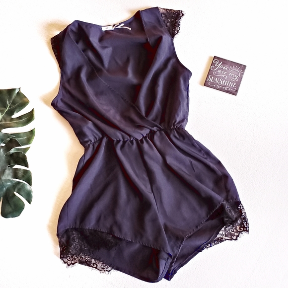 Urban Outfitters Silky Surplice Eyelash Lace Romper, Kimchi Blue - Picture 4 of 17